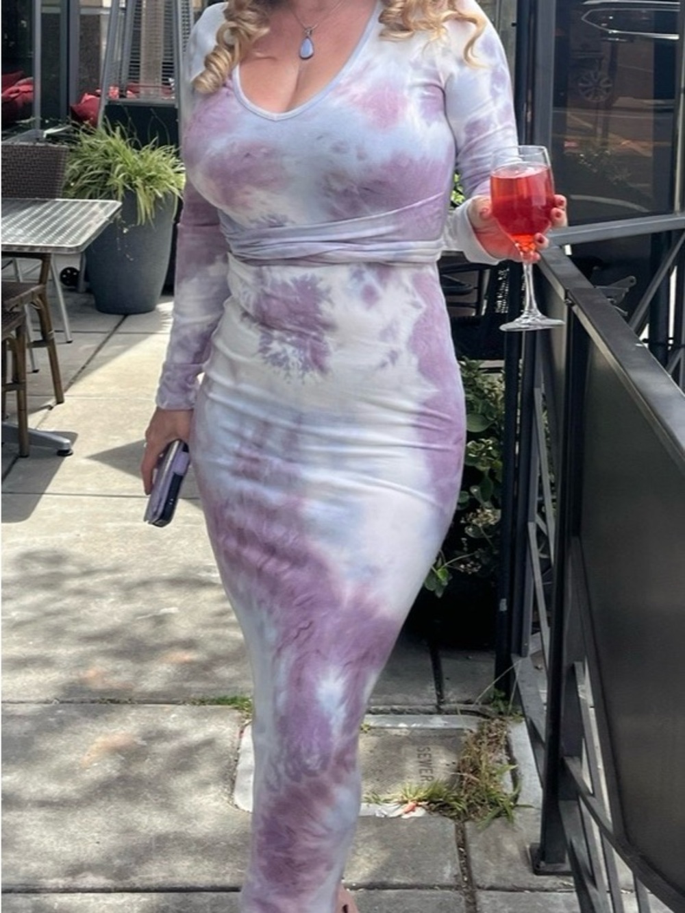Women's Long Sleeve Tie-Dye Bodycon Dress in Lavender White